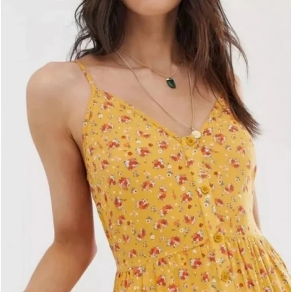 Band of Gypsies Yellow Button Front Tiered Vneck Floral Print Maxi Dress XS - Picture 3 of 5